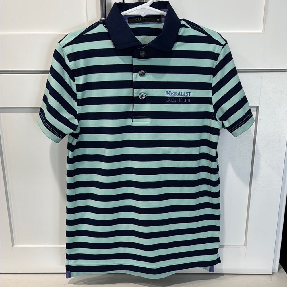 Medalist Golf Club Greyson Kids Polo Shirt - Navy and Light Green Stripes